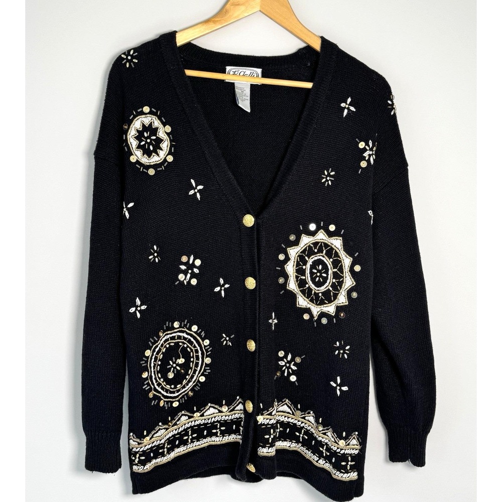 Vintage Black Gold Beaded Open Front Cardigan Boho Luxe Evening M/L‎ READ